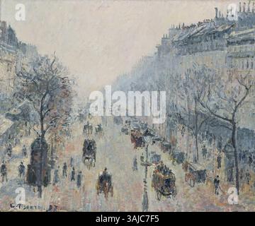 Il dipinto del 1897 di Camille Pissarro "le Boulevard Montmartre, brume du matin" raffigura le strade animate di Parigi nella nebbia del mattino presto. L'opera impressionista mette in mostra l'abilità di Pissarro nel catturare l'atmosfera e il movimento della vita urbana. Foto Stock