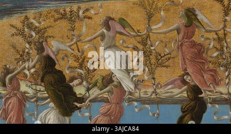 Il 'Presepe Mistico' di Sandro Botticelli, creato nel 1500, ritrae la Natività di Cristo con Maria che tiene il bambino Cristo. Questo iconico dipinto ad olio religioso, esposto nella Galleria Nazionale, riflette l'abilità di Botticelli nell'arte religiosa e devozionale durante il Rinascimento. Foto Stock