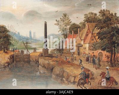 Questo dipinto di Christoffel van den Berghe ritrae un paesaggio fluviale da una chiusa, con persone elegantemente vestite a cavallo e abitanti del villaggio sulla riva del fiume. L'olio sul pannello evidenzia l'interazione tra la natura e le figure umane. Foto Stock