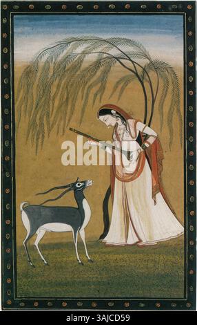 "Il modo musicale: Ragini Todi" (c. 1825-1830) è un dipinto in miniatura raffigurante il ragini indiano classico, attribuito a un maestro dopo Nainsukh. Presenta una figura tradizionale con strumenti musicali in un ambiente vivace. Foto Stock