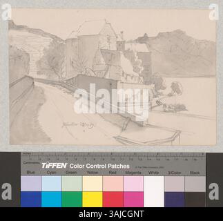 Mostra una vista esterna dello Schloss Glérolles a Saint-Saphorin, Lavaux, Svizzera, da nord-ovest. L'illustrazione di Johann Rudolf Rahn fu creata nel 1889. Foto Stock
