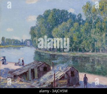 Il dipinto di Alfred Sisley, 'Cabanes au bord du Canal du Loing, Effet de soleil' (1896), raffigura la tranquilla scena delle cabine sul canale Loing con la luce del sole che getta ombre. Dipinto vicino alla città di Moret, Sisley cattura l'interazione della luce del sole in una brillante giornata estiva, mostrando la sua maestria nella pittura paesaggistica e nelle tecniche impressioniste. Foto Stock