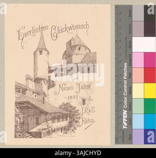 Si tratta di una vista esterna dello Schloss Lucens, catturato tra il 1892 e il 1896. Il disegno di Johann Rudolf Rahn mostra la torre del castello e l'architettura circostante, conservata presso il Zentralbibliothek Zürich. Foto Stock