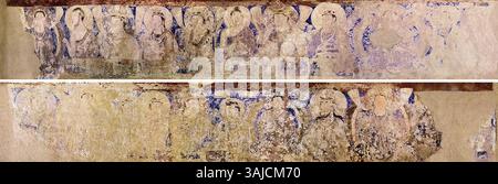Il soffitto del Buddha Bamiyan presenta dipinti di re, dignitari e Buddha che circondano il Dio del Sole. Creata da un artista sconosciuto nel VII secolo d.C., questa arte murale fa parte del ricco patrimonio buddista di Bamiyan, Afghanistan, senza alcun fotografo conosciuto. Foto Stock