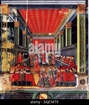 Un dipinto di benvenuto Tisi da Garofalo del 1503-1506 raffigurante Beatrice e Isabella d'Este nella sala del Tesoro di Palazzo Costabili, Ferrara. Il ritratto ritrae le due sorelle, forse come parte di un tributo a Beatrice, ora deceduta. Foto Stock