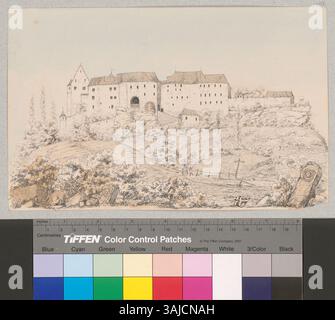 Questa immagine mostra una vista esterna del castello di Lenzburg, Svizzera, che ne illustra il design architettonico e il significato storico. Foto Stock