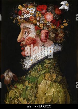 Il dipinto *la Primavera* di Giuseppe Arcimboldo del 1563 è una rappresentazione allegorica della primavera, che mostra vivaci temi stagionali. Si tratta di un dipinto ad olio su pannello di quercia, tenuto presso la Royal Academy of fine Arts di San Fernando. Il dipinto riflette lo stile unico di Arcimboldo di combinare natura e forme umane. Foto Stock