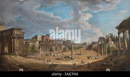 La pittura panoramica di Giovanni Paolo Pannini offre una vista ampia del foro Romano, che ne mostra la grandezza. L'olio su tela, creato prima del 1765, cattura le maestose rovine dell'antica Roma. Foto Stock