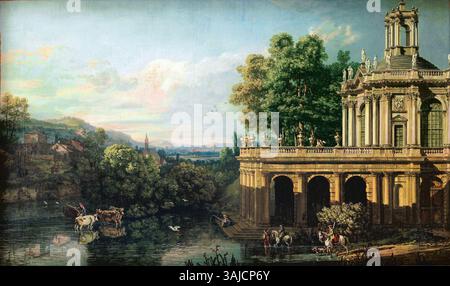 Questo dipinto del 1765-1766 di Bernardo Bellotto, intitolato "Caprice architettonica con un palazzo", raffigura un paesaggio architettonico fantastico. È un capriccio, che unisce strutture reali e immaginarie. Il pezzo fa parte della collezione del Museo delle Belle Arti di Bilbao e mette in mostra l'abilità di Bellotto nel creare prospettive drammatiche e dettagli intricati. Foto Stock