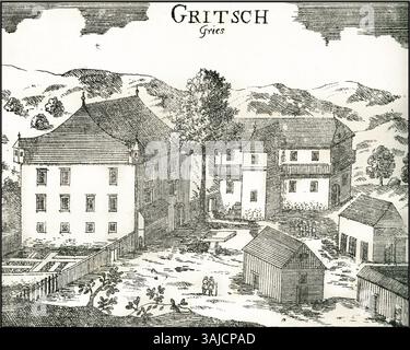 Gritsch, un'altra opera di Johann Weikhard von Valvasor del 1689, ritrae una scena storica dal patrimonio sloveno. Le opere complete di Valvasor forniscono una finestra sulla storia regionale, le arti e la società durante il XVII secolo. Foto Stock
