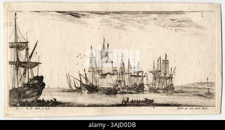 Questa stampa dal 1610 al 1664 mostra diverse navi all'ancora, pronte per l'imbarco. L'immagine cattura la vita marittima, con le navi in attesa di salpare. È ospitato nella collezione Bibliothèque Municipale di Metz, Francia. Foto Stock