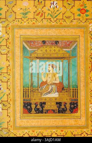 Questo ritratto di Shah Jahan sul trono di pavone, dipinto intorno al 1635, rappresenta l'imperatore Moghul al culmine del suo potere imperiale. La descrizione dettagliata del trono, delle vesti e della grandezza riflette la magnificenza dell'impero moghul. Foto Stock