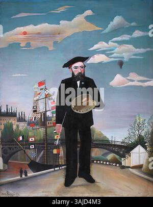 L'autoritratto di Henri Rousseau intitolato "me stesso: Ritratto paesaggio" dipinto nel 1890, presenta l'artista su uno sfondo lussureggiante, mescolando la ritrattistica con il suo stile distintivo nella giungla. L'olio su tela riflette l'uso creativo di paesaggi e colori vivaci di Rousseau, raffigurando l'artista in una posizione contemplativa. Il dipinto è esposto nella Galleria Nazionale di Praga. Foto Stock