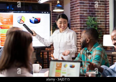 Un'imprenditrice sorridente si impegna in un incontro notturno con i colleghi in un ufficio a muro. Allegro team di startup multietnico che collabora alla strategia di marketing e alle idee di brainstorming. Foto Stock