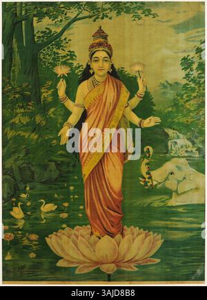 Questa opera d'arte di Raja Ravi Varma rappresenta Lakshmi, la dea indù della ricchezza e della prosperità, nota per la sua associazione con la bellezza, il benessere e la fortuna. Mette in evidenza il suo significato culturale e il suo simbolismo nell'arte indiana. Foto Stock