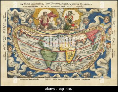 La *Charta Cosmographica*, creata da Petrus Apianus nel 1553, è una mappa del mondo che include una rappresentazione dettagliata dei modelli di vento. Fornisce informazioni sulla comprensione dei sistemi eolici, essenziali per la navigazione nel XVI secolo. Foto Stock