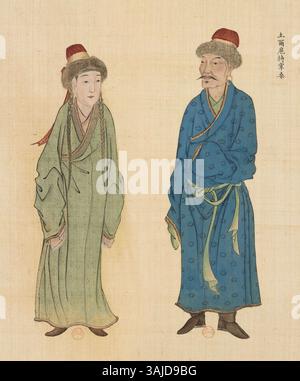 Questa opera del 1769 di un artista cinese della serie Huang Qing Zhigong tu raffigura Zaisang (ayisang), un alto ministro dei Torghuts, con sua moglie. Il dipinto mette in evidenza i ritratti ufficiali della dinastia Qing. Foto Stock
