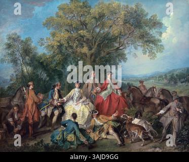 "Picnic After the Hunt" di Nicolas Lancret (1735-1740) illustra un'elegante scena di svago aristocratico dopo una caccia. Il dipinto ad olio è ospitato nella National Gallery of Art Foto Stock