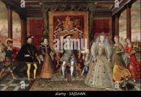 Questo dipinto allegorico raffigura la famiglia Tudor, tra cui Enrico VIII, i suoi figli Elisabetta i, Edoardo vi e Maria i, accanto a figure come Filippo II di Spagna, Marte, e rappresentazioni allegoriche di pace e abbondanza. Foto Stock