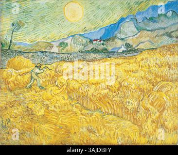Questo dipinto ad olio del 1889 di Vincent van Gogh, intitolato "campo di grano dietro l'ospedale di Saint-Paul con un mietitore", ritrae una scena rurale con un mietitore al lavoro in un campo di grano. Il pezzo evidenzia l'uso caratteristico di Van Gogh di colori audaci e pennellate dinamiche. Foto Stock