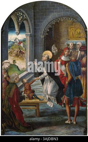 "Santo Domingo resucita a un joven" di Pedro Berruguete raffigura San Domenico che compie un miracolo, facendo rivivere un giovane. Il dipinto ad olio del XV secolo è un esempio chiave di arte religiosa del Rinascimento spagnolo. Foto Stock