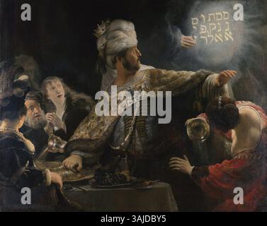 La festa di Belshazzar di Rembrandt (1635-1638) illustra la scena biblica in cui il re Belshazzar di Babilonia usa vasi sacri, portando alla misteriosa scritta sul muro. Il dipinto ad olio cattura il momento drammatico dell'intervento divino e della profezia. Foto Stock