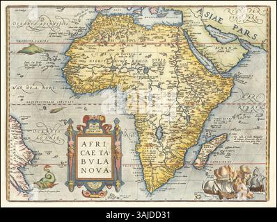 Questa mappa del 1595 di Abraham Ortelius, intitolata "Africae Tabula Nova", fa parte della sua monumentale opera "Theatrum Orbis Terrarum", raffigurante l'Africa con caratteristiche geografiche e regioni dettagliate. Foto Stock