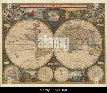 La mappa del 1660 di Frederick De WIT, incisa per "De Zee-Atlas" di Hendrik Doncker. Include una data e riflette le caratteristiche cartografiche della mappa a parete di Blaeu del 1648. La California è raffigurata come un'isola, e il Sud America è sovradimensionato. La mappa mostra l'Australia con una costa e nota le scoperte di Tasman. Il nord-ovest dell'America è in gran parte inesplorato, e la Corea è accuratamente ritratta. Foto Stock
