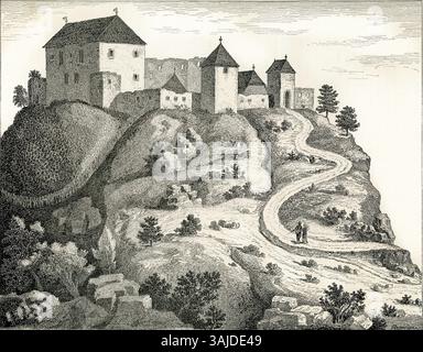 Una rappresentazione del castello Umberk dall'opera di Johann Weikhard von Valvasor, pubblicata nel 1679. Mostra lo storico castello nella sua forma del XVII secolo. Foto Stock