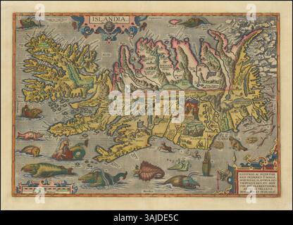 Questa mappa dell'Islanda del 1591, creata da Abraham Ortelius, mostra caratteristiche geografiche dettagliate ed è un primo esempio di cartografia europea. Offre una prospettiva storica sulla posizione e la topografia dell'Islanda. Foto Stock