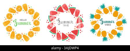 Set di striscioni con frutta tropicale, anguria, arancia, ananas e gelato in un vivace design circolare. Corona di saldi estivi. Cartone animato Illustrazione Vettoriale