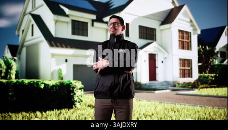 Giovane guardia di sicurezza maschile di fronte alla camera Foto Stock