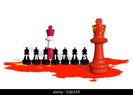 Scacchi fatti con bandiere dell'Austria e della Cina. Il commercio, le tariffe, le dogane e la guerra dei dazi dell'Unione europea e della Cina Foto Stock