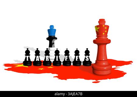 Scacchi fatti con bandiere dell'Estonia e della Cina. Il commercio, le tariffe, le dogane e la guerra dei dazi dell'Unione europea e della Cina Foto Stock