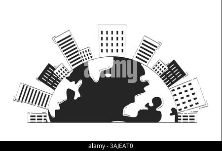 Terra con skyline cittadino mezzo globo scarabocchiare oggetto lineare Illustrazione Vettoriale