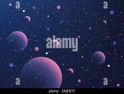 Sfondo blu intenso della scena cosmica con pianeti viola e rosa testurizzati, stelle scintillanti e polvere celeste, fantascienza, tecnologia, e il tema dell'astronomia Illustrazione Vettoriale
