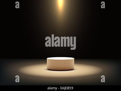 podio bianco cilindrico 3d illuminato da una spettacolare luce spot, perfetto per cerimonie di premiazione, esposizioni di prodotti o mockup. Elegante e moderna con un Illustrazione Vettoriale