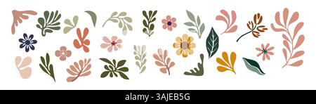 Set di elementi floreali disegnati a mano, foglie Illustrazione Vettoriale