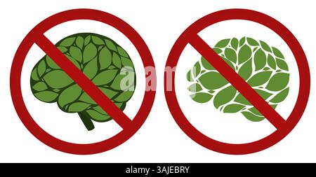 Set di segni vettoriali proibiti di cervelli ecocompatibili dal fogliame isolato dallo sfondo. E' proibito usare il cervello. Raccolta di clip art vietata per l'articolo Illustrazione Vettoriale