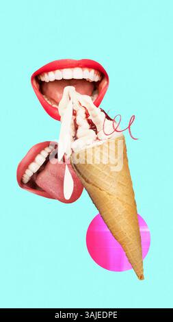 La bocca galleggia intorno al cono di gelato dolce su sfondo azzurro. Un assaggio d'estate. Collage d'arte contemporanea. Foto Stock