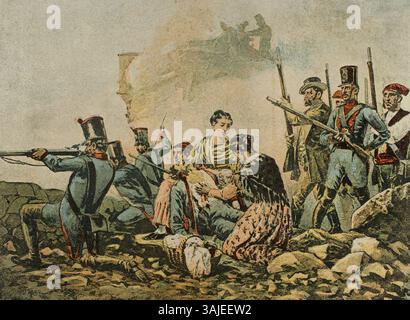 Guerra d'indipendenza spagnola (1808-1814). Terzo assedio di Gerona (dal 6 maggio al 12 dicembre 1809). La città fu assediata per sette mesi sotto il comando del generale Alvarez de Castro. Capitolò il 12 dicembre 1809. 19 settembre a Gerona. Cromolitografia. El Grito de Independencia (l'urlo per l'indipendenza), di Carlos Mendoza. Pubblicato a Barcellona, 1890. Foto Stock