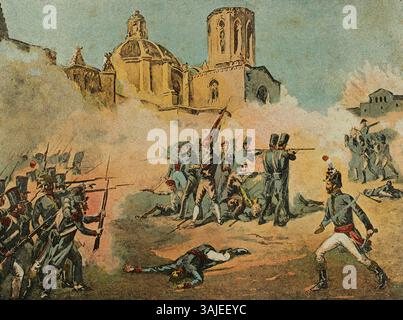 Catalogna, Spagna. Guerra d'indipendenza spagnola (1808-1814). Assedio di Tarragona (1811). Si confrontò con le truppe francesi al comando del generale Suchet contro le truppe spagnole guidate da Juan Senén de Contreras, governatore militare della città. I combattimenti ebbero luogo tra il 5 maggio e il 29 giugno 1811, terminando con l'occupazione francese della città. Tarragona rimase sotto il controllo francese fino alla ritirata di Suchet il 13 agosto 1813. Cromolitografia. El Grito de Independencia (l'urlo per l'indipendenza), di Carlos Mendoza. Pubblicato a Barcellona, 1890. Foto Stock