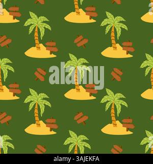 Modello tropicale dell'isola con palme e segni di legno su sfondo verde. Illustrazione Vettoriale
