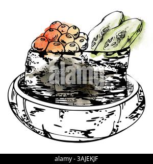 Cucina tradizionale giapponese, sushi gunkan con caviale di salmone di pesce crudo, fette di cetriolo in una ciotola di ceramica, disegnato a mano con acquerello e inchiostro. Illustrazione Foto Stock