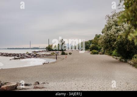 Persone che amano la spiaggia di Toronto con vista sullo skyline della città Foto Stock
