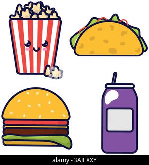 Set fast food di icone vettoriali lineari su sfondo bianco Illustrazione Vettoriale