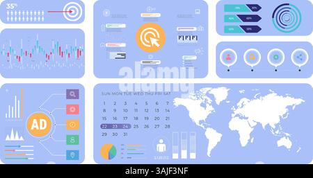 Layout in stile infografico con varie visualizzazioni di dati, grafici a barre, grafici a linee, mappa del mondo, calendario, e indicatori di avanzamento circolari. Illustrazione Vettoriale