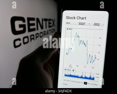 13 novembre 2024, Germania: In questa foto, davanti al logo viene visualizzato un cellulare con la pagina web della società di elettronica statunitense Gentex Corporation. (Immagine di credito: © Timon Schneider/SOPA Images via ZUMA Press Wire) SOLO PER USO EDITORIALE! Non per USO commerciale! Foto Stock