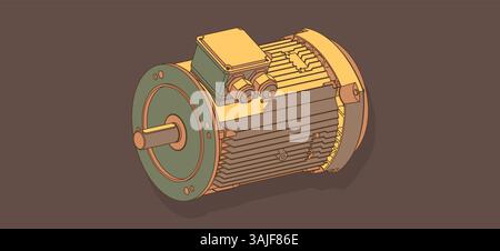 Disegno del motore elettrico industriale. Illustrazione di colori nelle tonalità più comuni. Tecnologia moderna e cura dell'ambiente. Illustrazione Vettoriale