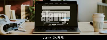 Banner del sito Web del computer portatile con diversi messaggi sullo schermo e visore VR sopra un tavolo di legno Foto Stock